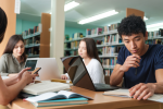College students studying in library